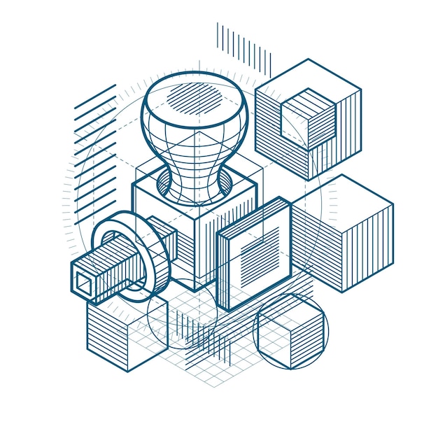 Abstract vector background with isometric lines and shapes. Cubes, hexagons, squares, rectangles and different abstract elements.