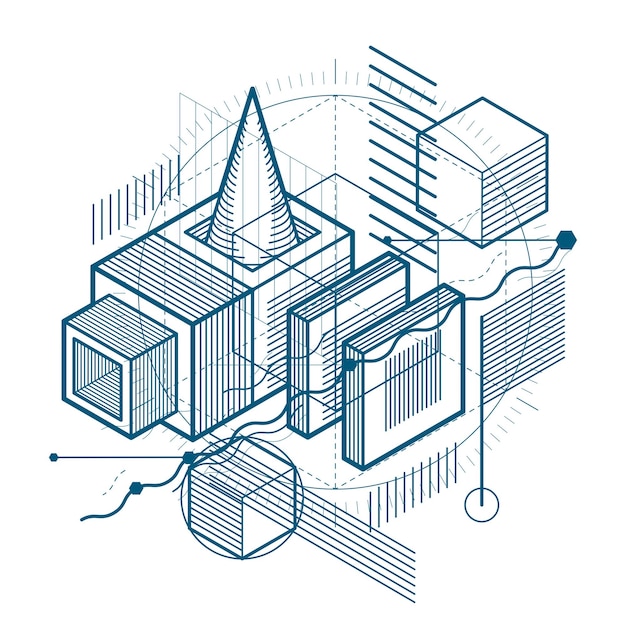 Abstract vector background with isometric lines and shapes. Cubes, hexagons, squares, rectangles and different abstract elements.