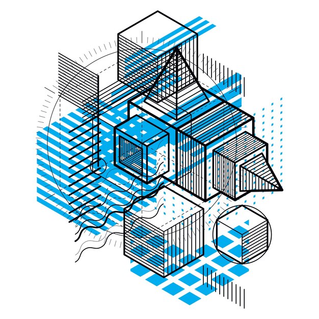 Abstract vector background with isometric lines and shapes. Cubes, hexagons, squares, rectangles and different abstract elements.