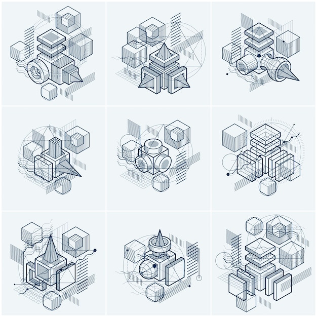 Abstract vector backgrounds with isometric lines and shapes. Cubes, hexagons, squares, rectangles and different abstract elements. Vector collection.