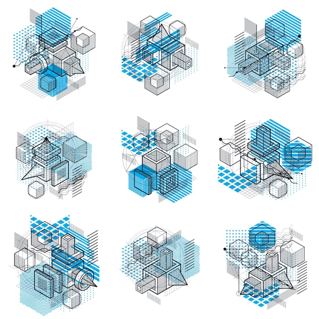 Abstract vector backgrounds with isometric lines and shapes. Cubes, hexagons, squares, rectangles and different abstract elements. Vector collection.
