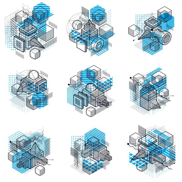 abstract vector backgrounds with isometric lines and shapes. cubes, hexagons, squares, rectangles and different abstract elements. vector collection.