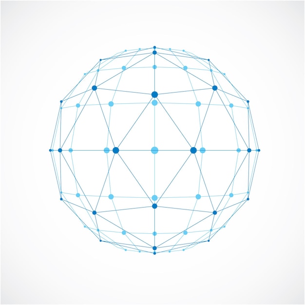 Abstract vector low poly object with black lines and dots connected. Blue 3d futuristic ball with overlapping lines mesh and geometric figures.