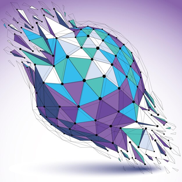abstract vector low poly wrecked object with black lines and dots connected. 3d origami futuristic spherical form with lines mesh. digital technology network element.