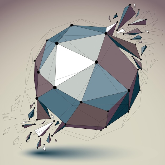 Abstract vector low poly wrecked object with black lines and dots connected. 3d origami futuristic spherical form with lines mesh. Digital technology network element.