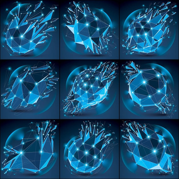 Abstract vector low poly wrecked objects with connected lines and dots. Set of 3d digital broken futuristic forms with lines mesh and fractures. Light effect and glow elements. Sparkling objects.
