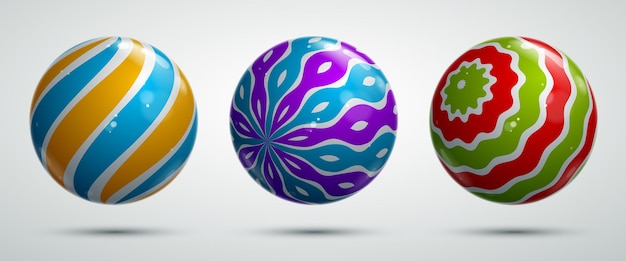 abstract vector realistic glossy spheres set, beautiful festive balls collection decorated with pattern, graphic design elements.