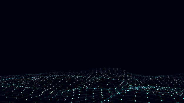 Abstract vector technology wave with motion glowing dots Dark cyberspace in digital background Connection big data Futuristic wireframe texture Dynamic analysis a network connection
