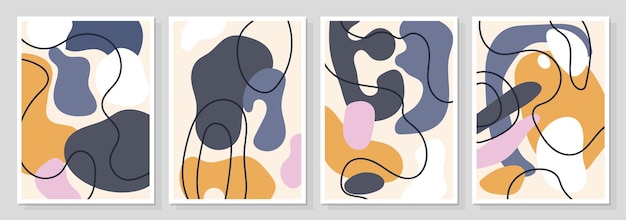 Abstract wall art cards with colorful hand drawn organic and modern shapes trendy poster collection