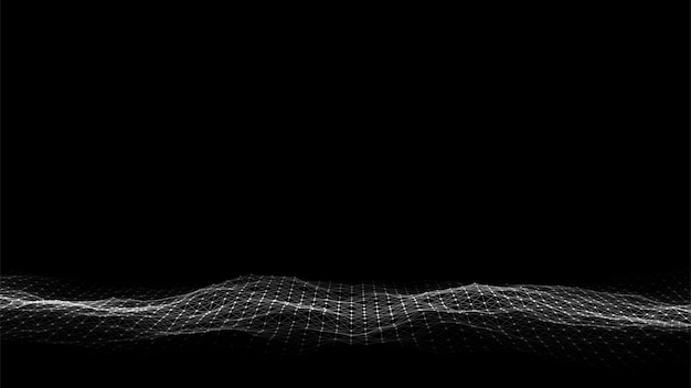 Abstract wave with light on black background Science background with moving dots and lines Network connection technology Digital structure with particles Vector illustration