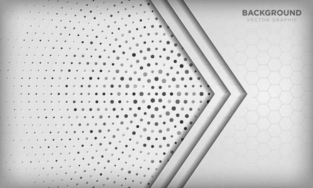 Abstract white dimension overlap background with hexagon pattern on silver radial halftone.