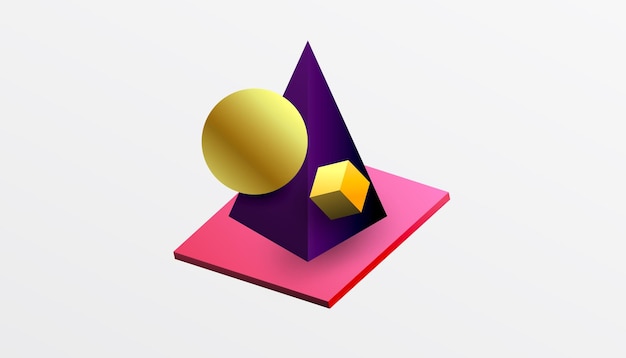Abstrakti design, jossa on isometrisiä kuutioita, pyramideja, neliöitä ja palloja elävässä 3d-renderöidä-ulkoasussa. Moderni ja dynaaminen, täydellinen tekniikkadesigniin tai futuristisiin teemoihin