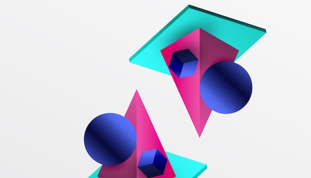 Abstrakti design, jossa on isometrisiä kuutioita, pyramideja, neliöitä ja palloja elävässä 3d-renderöidä-ulkoasussa. Moderni ja dynaaminen, täydellinen tekniikkadesigniin tai futuristisiin teemoihin