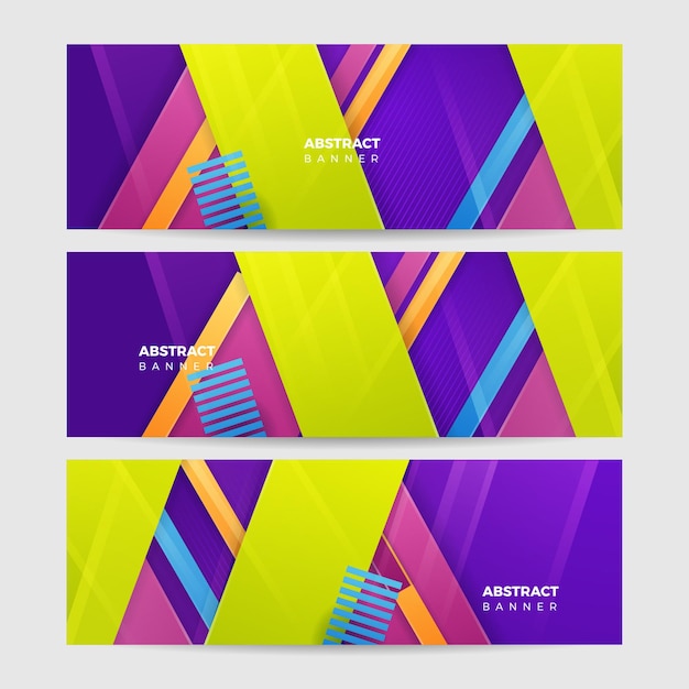 Abstrakti värikäs monikulmiobannerin design-mallipohja. Värikäs tekninen verkko-banneri geometrisilla muodoilla ja gradienttiväreillä. Vektorin graafisen designin bannerikuvioesitystausta