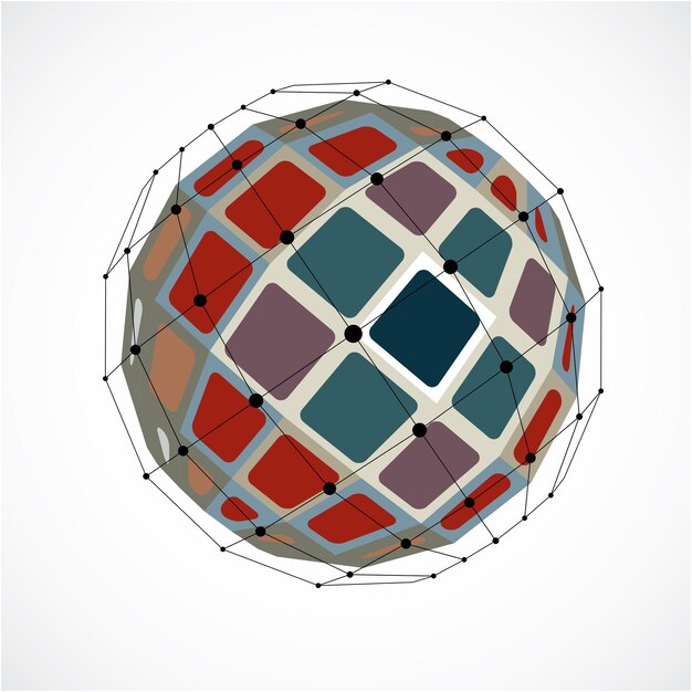 Abstrakti vektori low poly -objekti, jossa on yhdistetty mustia viivoja ja pisteitä. Värikäs 3D-futuristinen maapallo, jossa on päällekkäisiä viivoja ja neliöitä.