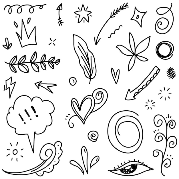 Abstraktit nuolet nauhat ilotulitteet sydämet lightninglove lehdet tähdet kartiot kruunut ja muut elementit käsinpiirretyssä tyylissä konseptisuunnitelmiin Scribble-kuvitus