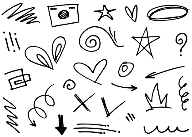 Abstraktit nuolet, nauhat, kruunut, sydämet, räjähdykset ja muut elementit käsin piirretyssä tyylissä konseptisuunnittelua varten. Doodle-kuvitus. Vektorimallipohja koristeluun