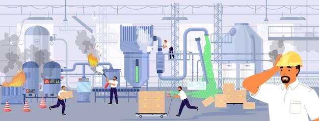 Accident on plant vector illustration with shocked engineer face