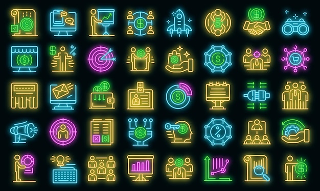 account manager icons set. outline set of account manager vector icons neon color on black