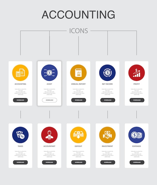 accounting infographic 10 steps ui design.asset, annual report, net income, accountant simple icons