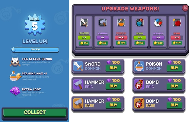 Action Game Ui Kit will Menus pop up screens and Game elements