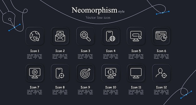 Advertising icon set Smartphone planet magnifying glass search target audience internet Neomorphism style Vector line icon for business and advertising
