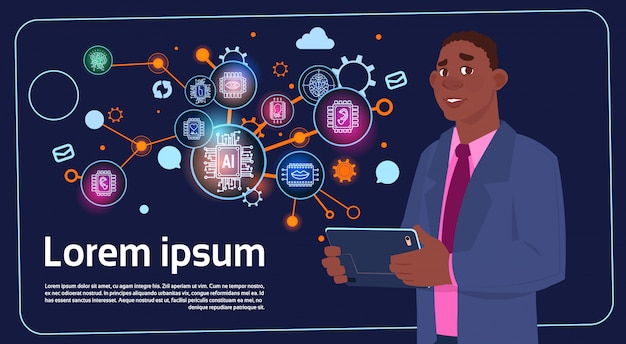 African American Businessman Holding Presentation Stand Over Digital Screen With Charts And Graph 