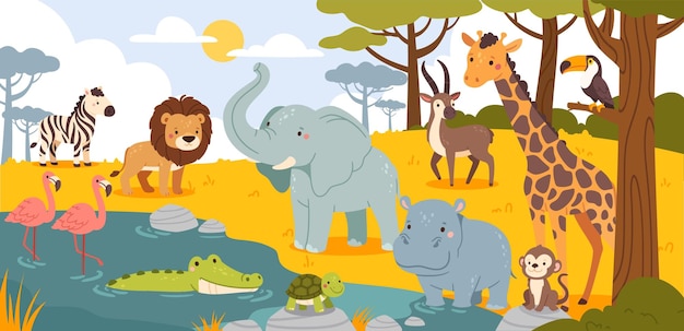 african animals cartoon savannah wildlife scene landscape with animals birds reptiles safari lion giraffe elephant zebra crocodile in pound vector illustration