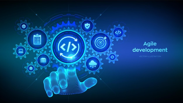 Agile development and optimisation concept Software engineering Software development practices methodology Wireframe hand touching digital interface with connected gears cogs and icons Vector
