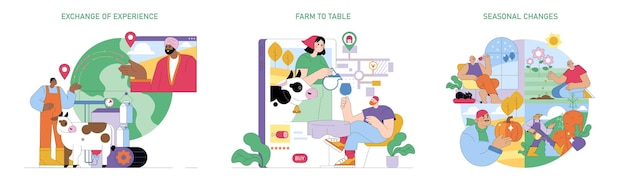 agriculture day set showcasing knowledge sharing farm product commerce and the impact of seasons on