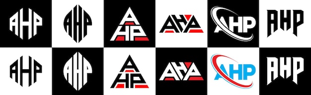 AHP letter logo design in six style AHP polygon circle triangle hexagon flat and simple style with black and white color variation letter logo set in one artboard AHP minimalist and classic logo
