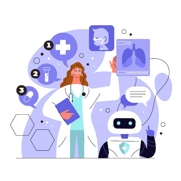 ai and digital healthcare: doctor with robot diagnosing patient's lung