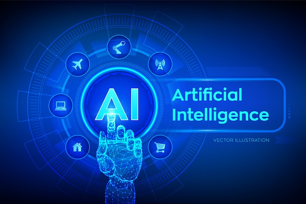AI. Artificial intelligence. Hand touching digital interface.