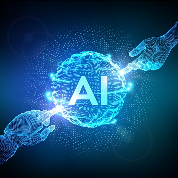 AI Artificial Intelligence Hands of Robot and Human touching sphere grid wave with binary code Artificial Intelligence and Machine Learning technology concept Neural networks Vector illustration