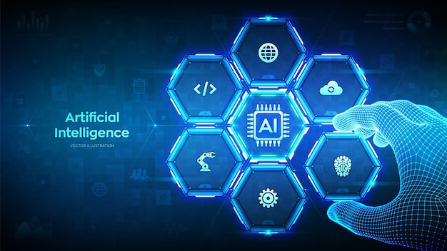 AI Artificial intelligence Machine learning concept Big data analysis Neural networks Wireframe hand places an element into a composition visualizing artificial intelligence Vector illustration