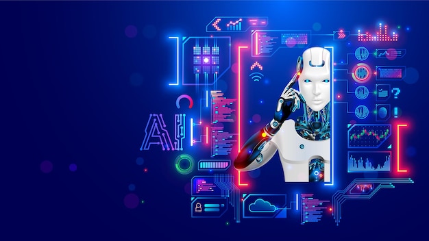 AI Artificial intelligence Robot or cyborg looking at virtual HUD interface Machine learning concept Modern tech frame for text picture in computer electronic technology style Face of android