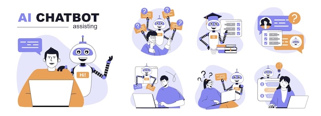 AI chatbot assisting concept set in flat web design People in isolated scenes talking with artificial intelligence advisers searching and getting answers connecting with bots Vector illustrations