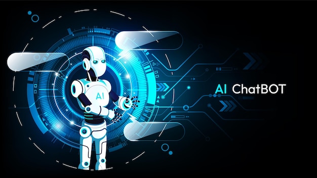 AI Chatbot, tekoälyrobotti ja chat-valintaikkuna teknologiataustalla.