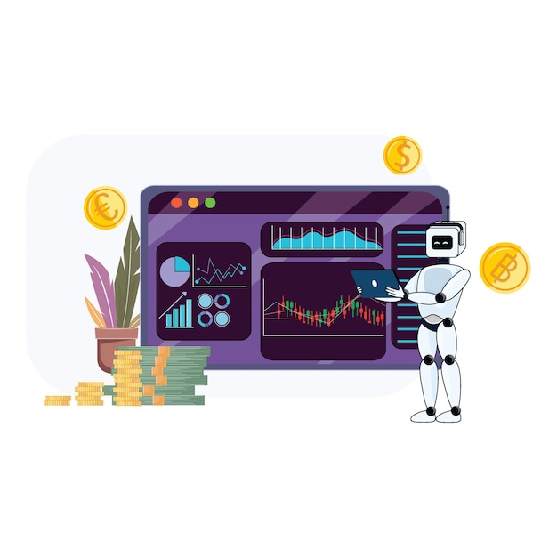 AI investing illustration with analysis screen humanoid plant and various currencies