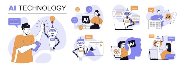 AI technology concept set in flat web design People in isolated scenes using artificial intelligence chatbot virtual assistant helping image generation smart data analysis Vector illustrations