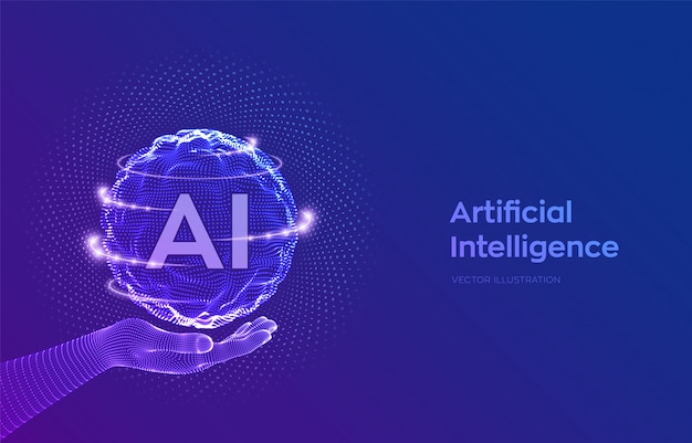 AI. Tekoälyn logo wireframe-kädessä. Pallo binäärikoodilla.