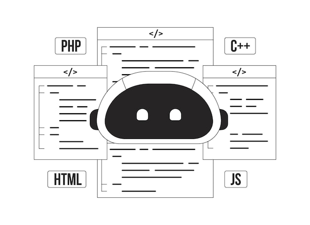 aiassisted coding black and white concept vector spot illustration