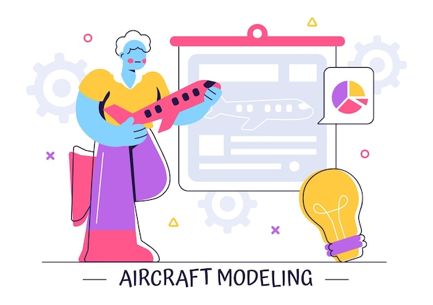 Aircraft Modeling and Crafting Vector Illustration Featuring the Assembly or Painting of a Large Airplane Model as a Replica of a Real Aircraft