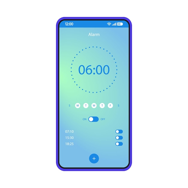 Alarm clock app smartphone interface vector template. Mobile wake up application page blue design layout. On, off options screen. Gradient flat UI for application. Get up time settings phone display