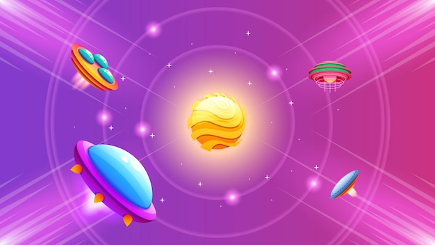 Aliens On Flying Saucers In Dark Space Planet Background Gradient Unidentified Flying Object UFO