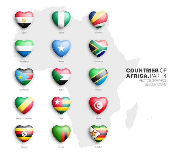 All african countries flags vector d heart glossy icons set isolate on white
