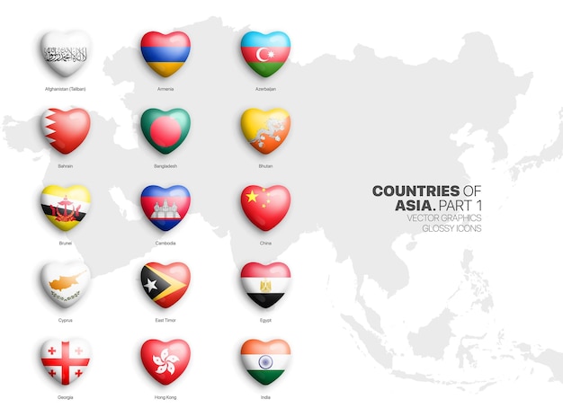 All asian countries flags vector d heart glossy icons set isolate on white
