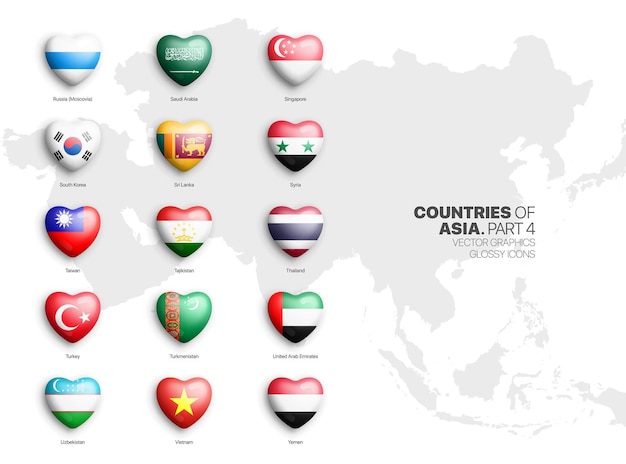 All asian countries flags vector d heart glossy icons set isolate on white
