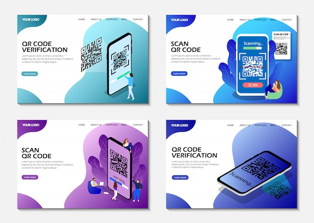 Aloitussivut. Skannaa QR-koodi, QR-koodin vahvistus. Isometrinen. Modernit verkkosivut.