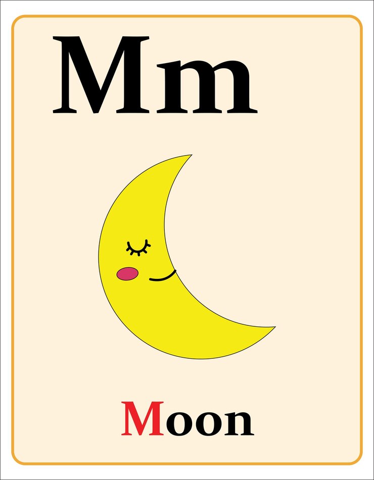 Vektori alphabet flashcard with letter m for the moon